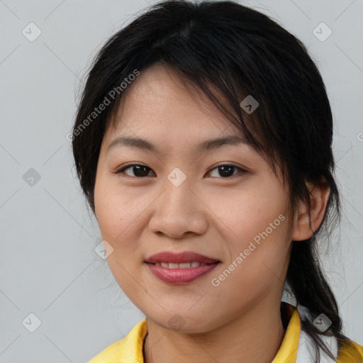 Joyful white young-adult female with medium  brown hair and brown eyes