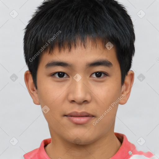 Neutral asian young-adult male with short  brown hair and brown eyes