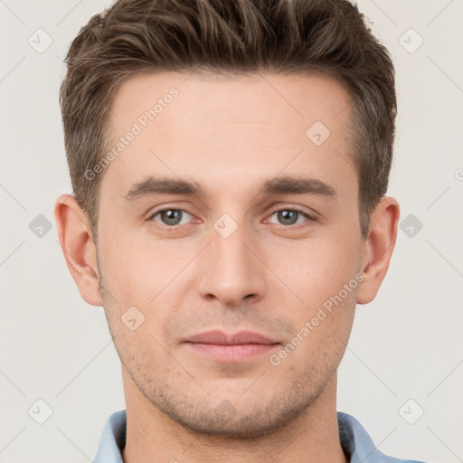 Neutral white young-adult male with short  brown hair and grey eyes