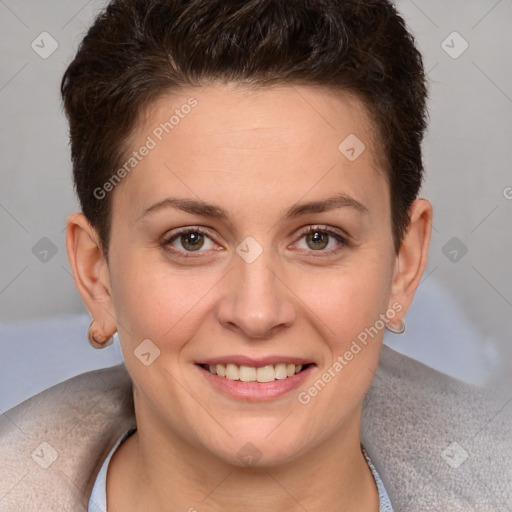 Joyful white young-adult female with short  brown hair and brown eyes