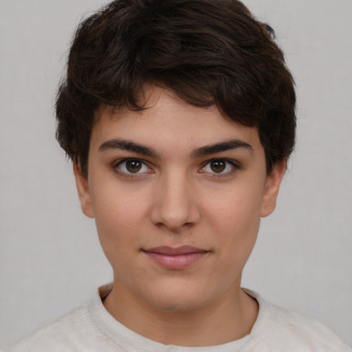 Neutral white young-adult female with short  brown hair and brown eyes