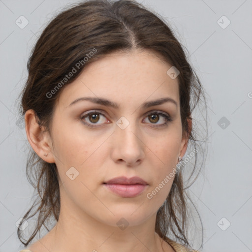 Neutral white young-adult female with medium  brown hair and brown eyes