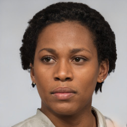 Neutral black young-adult female with short  black hair and brown eyes