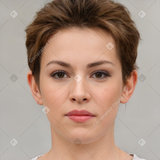 Neutral white young-adult female with short  brown hair and brown eyes