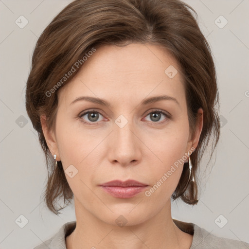 Neutral white young-adult female with medium  brown hair and grey eyes