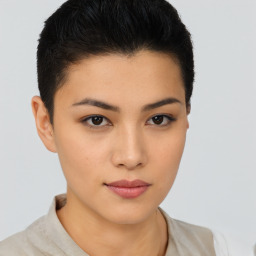 Neutral asian young-adult female with short  brown hair and brown eyes