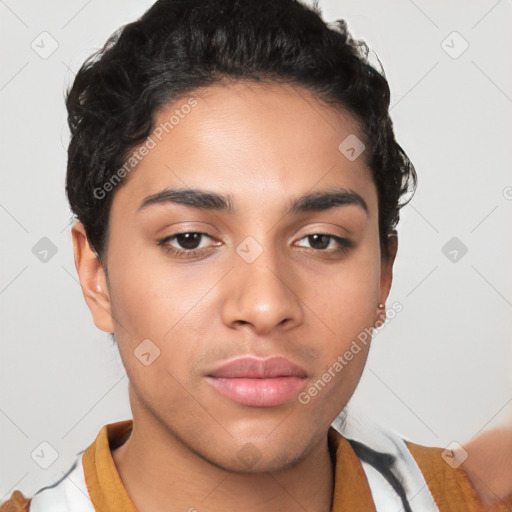 Neutral latino young-adult male with short  brown hair and brown eyes