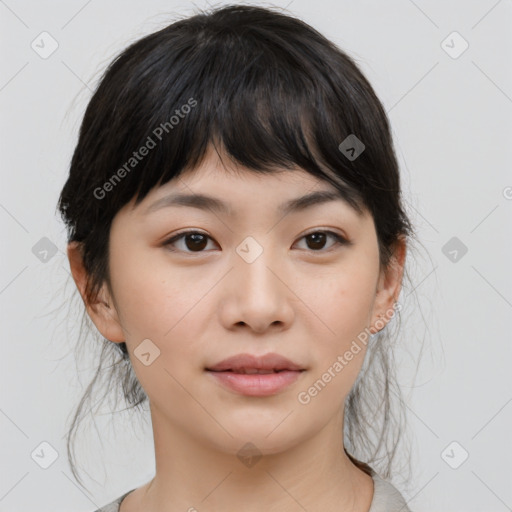 Neutral asian young-adult female with medium  brown hair and brown eyes