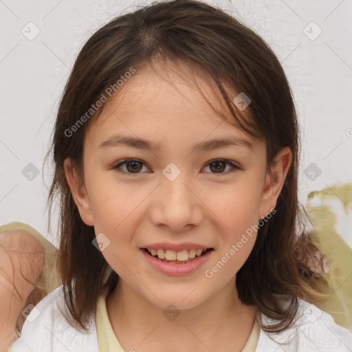 Joyful white child female with medium  brown hair and brown eyes