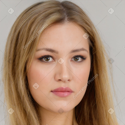 Neutral white young-adult female with long  brown hair and brown eyes