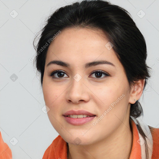 Joyful asian young-adult female with medium  black hair and brown eyes