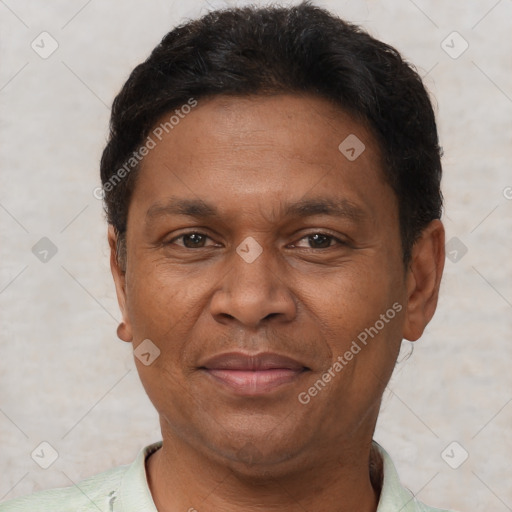 Joyful black adult male with short  brown hair and brown eyes