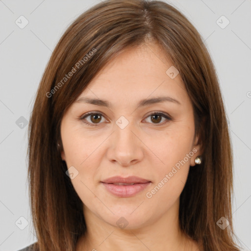 Joyful white young-adult female with medium  brown hair and brown eyes