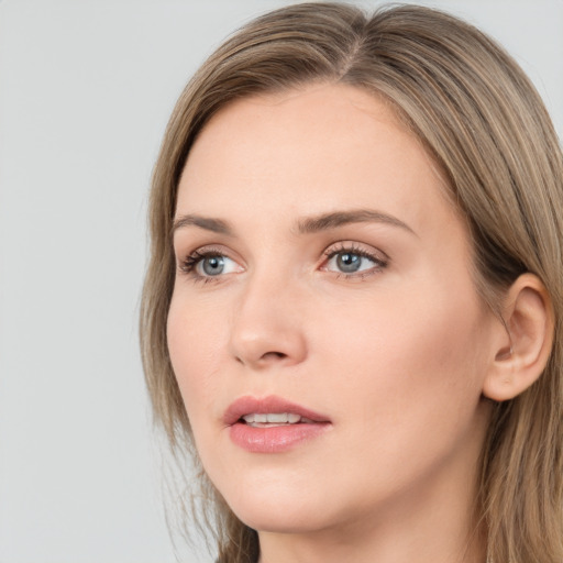 Neutral white young-adult female with long  brown hair and grey eyes