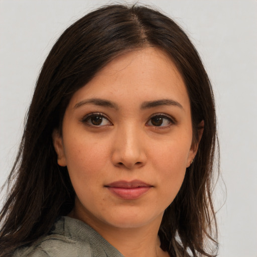 Neutral asian young-adult female with long  brown hair and brown eyes