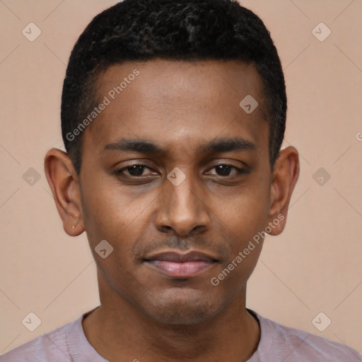 Neutral black young-adult male with short  black hair and brown eyes