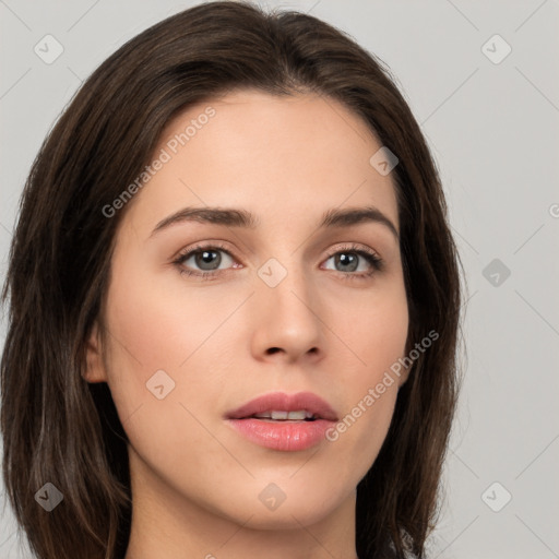 Neutral white young-adult female with medium  brown hair and brown eyes