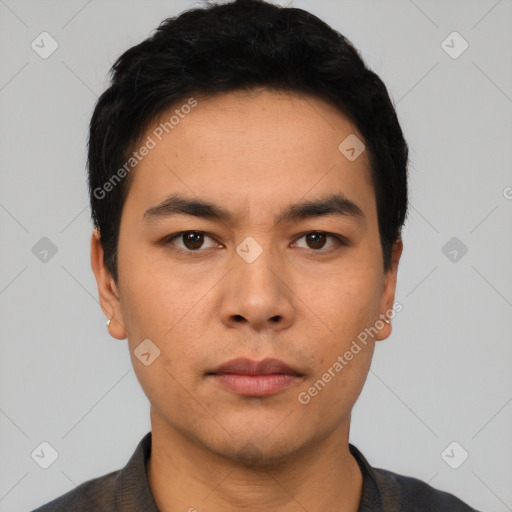 Neutral asian young-adult male with short  black hair and brown eyes