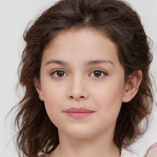 Joyful white child female with medium  brown hair and brown eyes