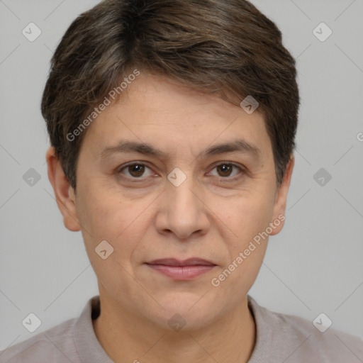 Joyful white adult female with short  brown hair and brown eyes