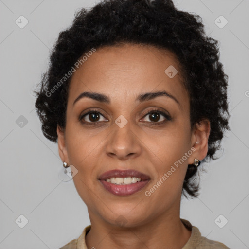 Joyful latino young-adult female with short  brown hair and brown eyes