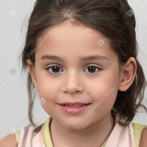 Joyful white child female with medium  brown hair and brown eyes