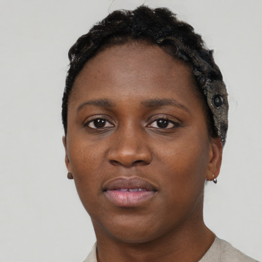 Neutral black young-adult female with short  black hair and brown eyes