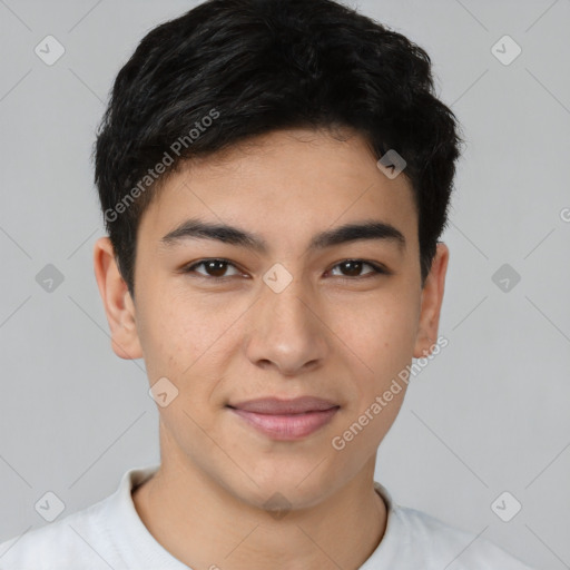 Joyful latino young-adult male with short  brown hair and brown eyes