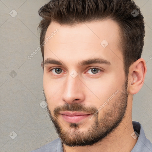 Neutral white young-adult male with short  brown hair and brown eyes