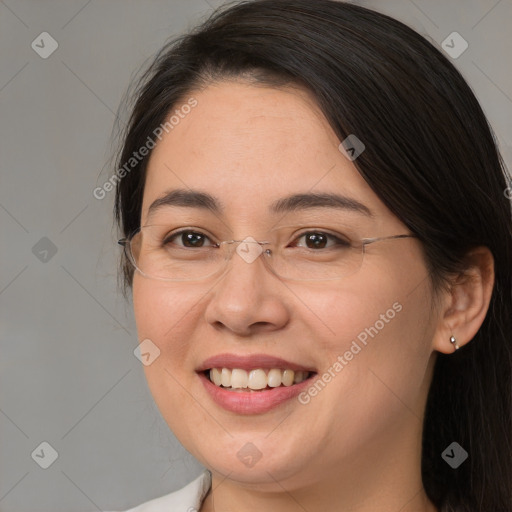 Joyful white young-adult female with medium  brown hair and brown eyes