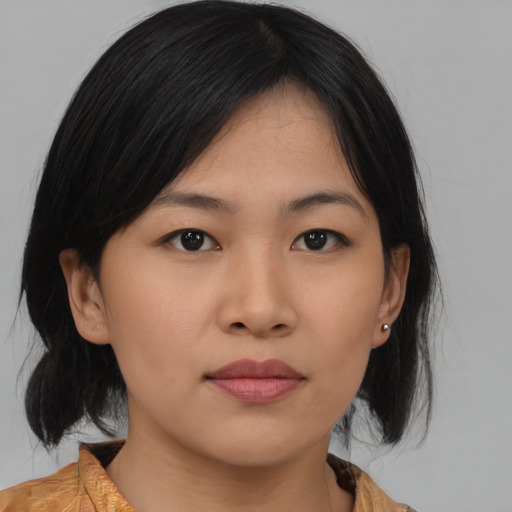 Neutral asian young-adult female with medium  black hair and brown eyes