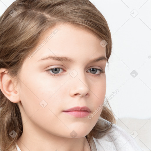 Neutral white child female with medium  brown hair and grey eyes