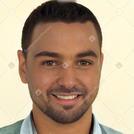 Joyful white young-adult male with short  brown hair and brown eyes