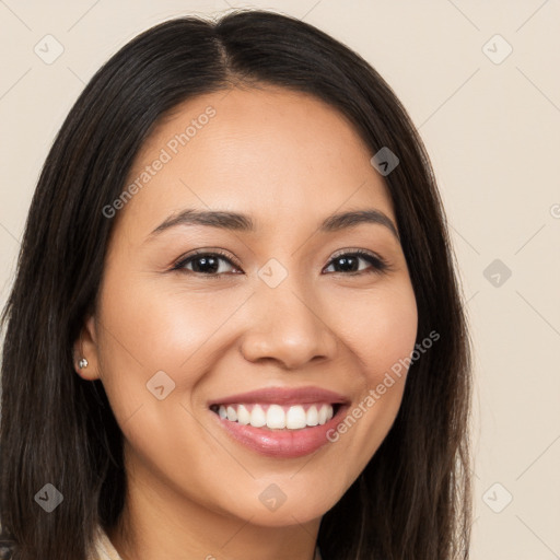 Joyful white young-adult female with long  brown hair and brown eyes