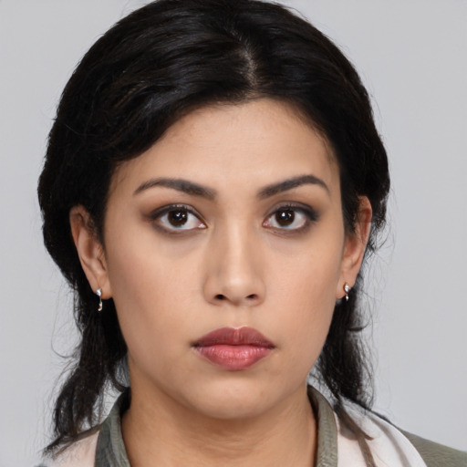 Neutral asian young-adult female with medium  black hair and brown eyes
