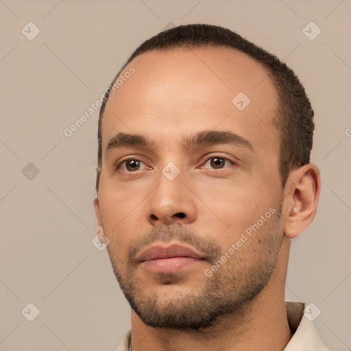 Neutral white young-adult male with short  brown hair and brown eyes