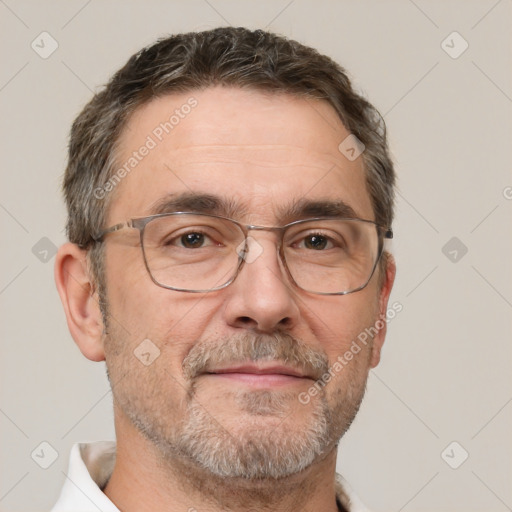 Neutral white middle-aged male with short  brown hair and brown eyes