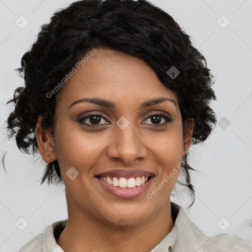 Joyful black young-adult female with medium  brown hair and brown eyes