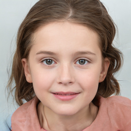 Joyful white child female with medium  brown hair and grey eyes