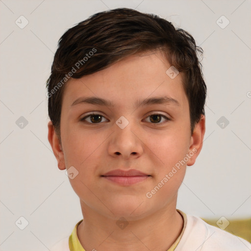 Joyful white child female with short  brown hair and brown eyes