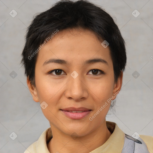 Joyful asian young-adult female with short  brown hair and brown eyes