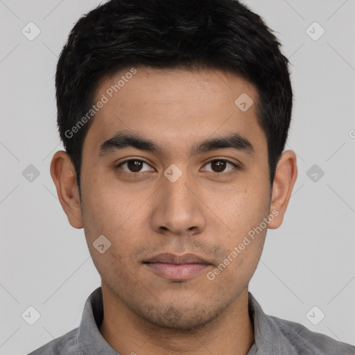 Neutral asian young-adult male with short  black hair and brown eyes