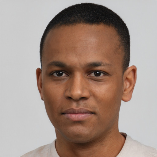 Neutral black young-adult male with short  black hair and brown eyes