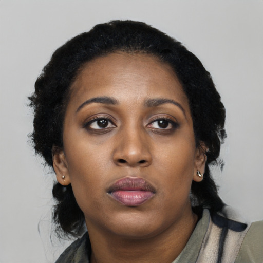 Neutral black young-adult female with long  black hair and brown eyes
