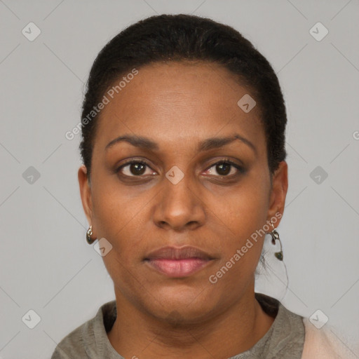 Neutral black young-adult female with short  brown hair and brown eyes