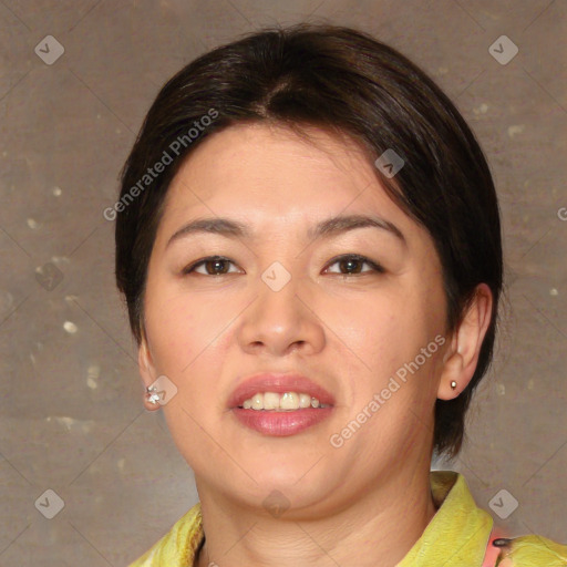Joyful white young-adult female with medium  brown hair and brown eyes