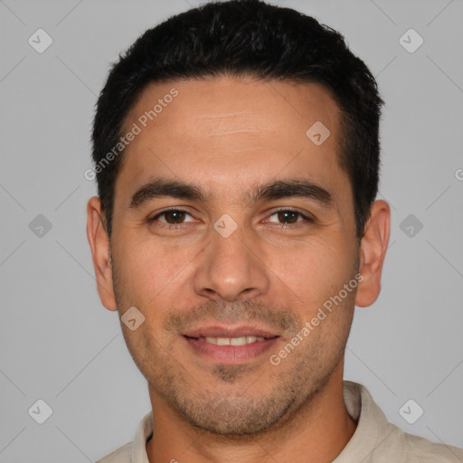 Joyful white young-adult male with short  black hair and brown eyes