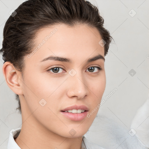 Neutral white young-adult female with medium  brown hair and brown eyes