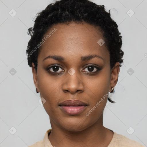 Neutral black young-adult female with short  black hair and brown eyes