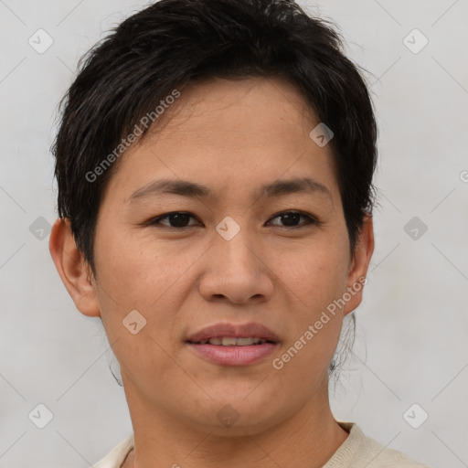 Joyful asian young-adult female with short  brown hair and brown eyes